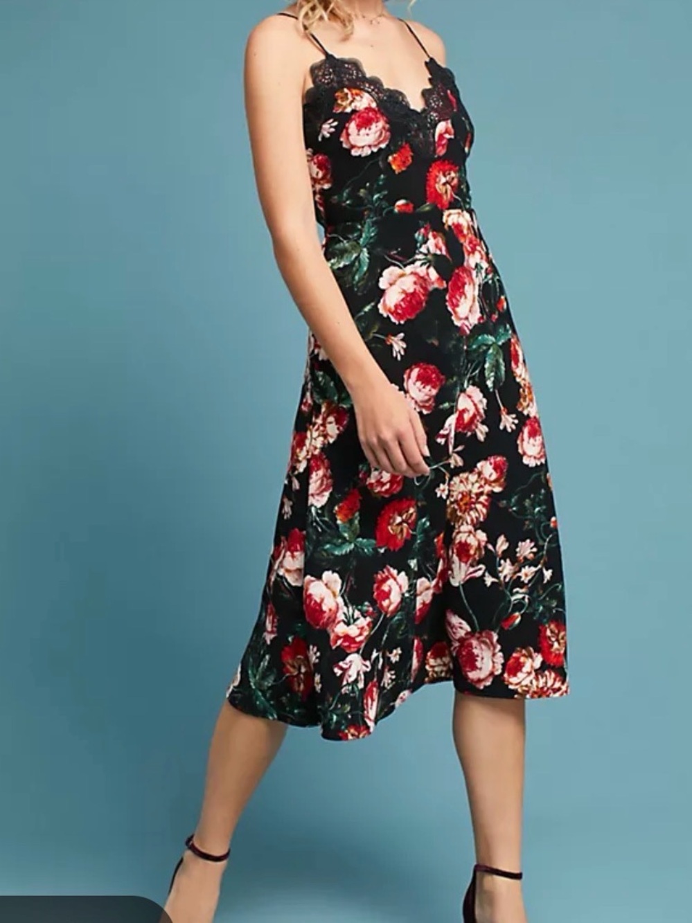 Size Small, FoxiedoxFloral Lace-Trim Slip Midi Dress in Black and Red
